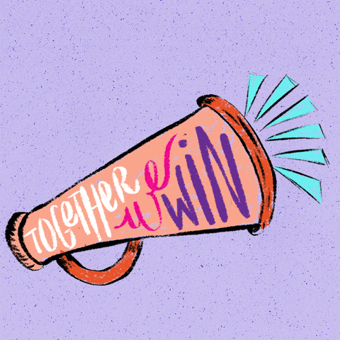 A bullhorn with the caption: Together we win